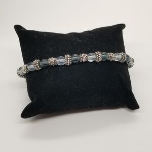 glass and metal bead bracelet clear dark blue and silver